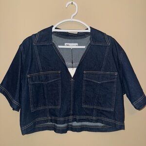 Zara Navy Denim Cropped Top